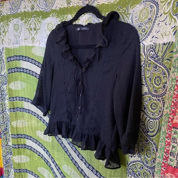 Zara Limited Edition Black Swiss Dot Ruffle Blouse Size Small - Picture 7 of 15